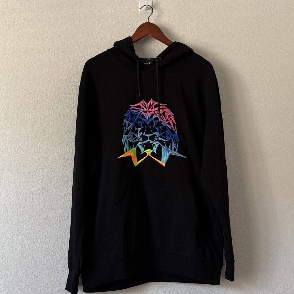 Maceoo Pullover Hoodie Men's L Black Neon Lion Embroidered Streetwear